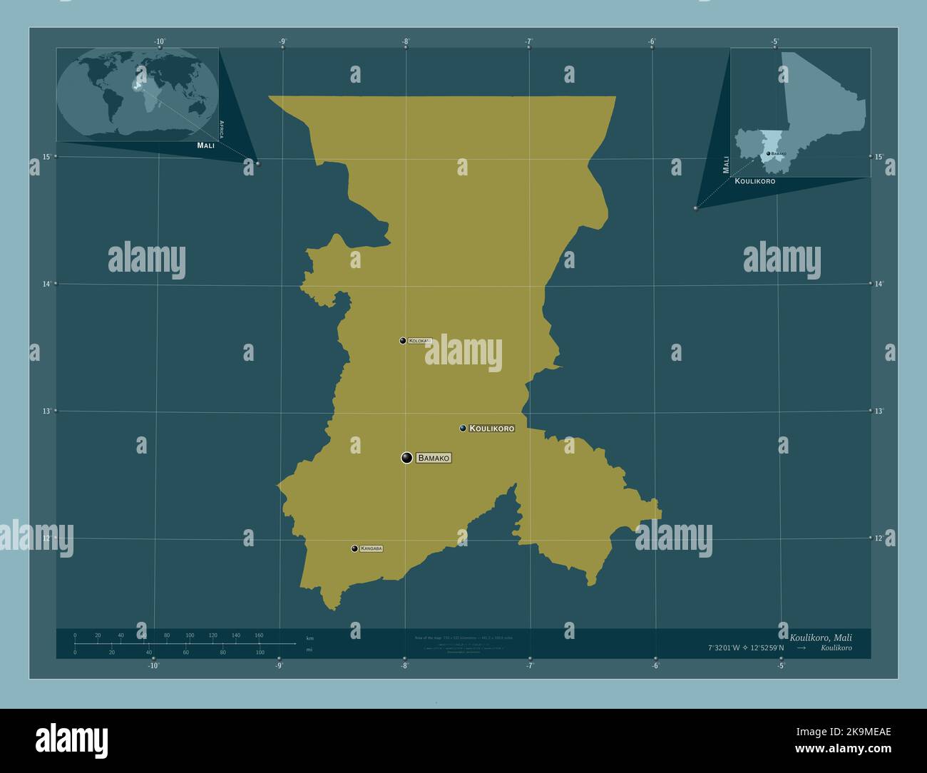 Koulikoro, region of Mali. Solid color shape. Locations and names of ...