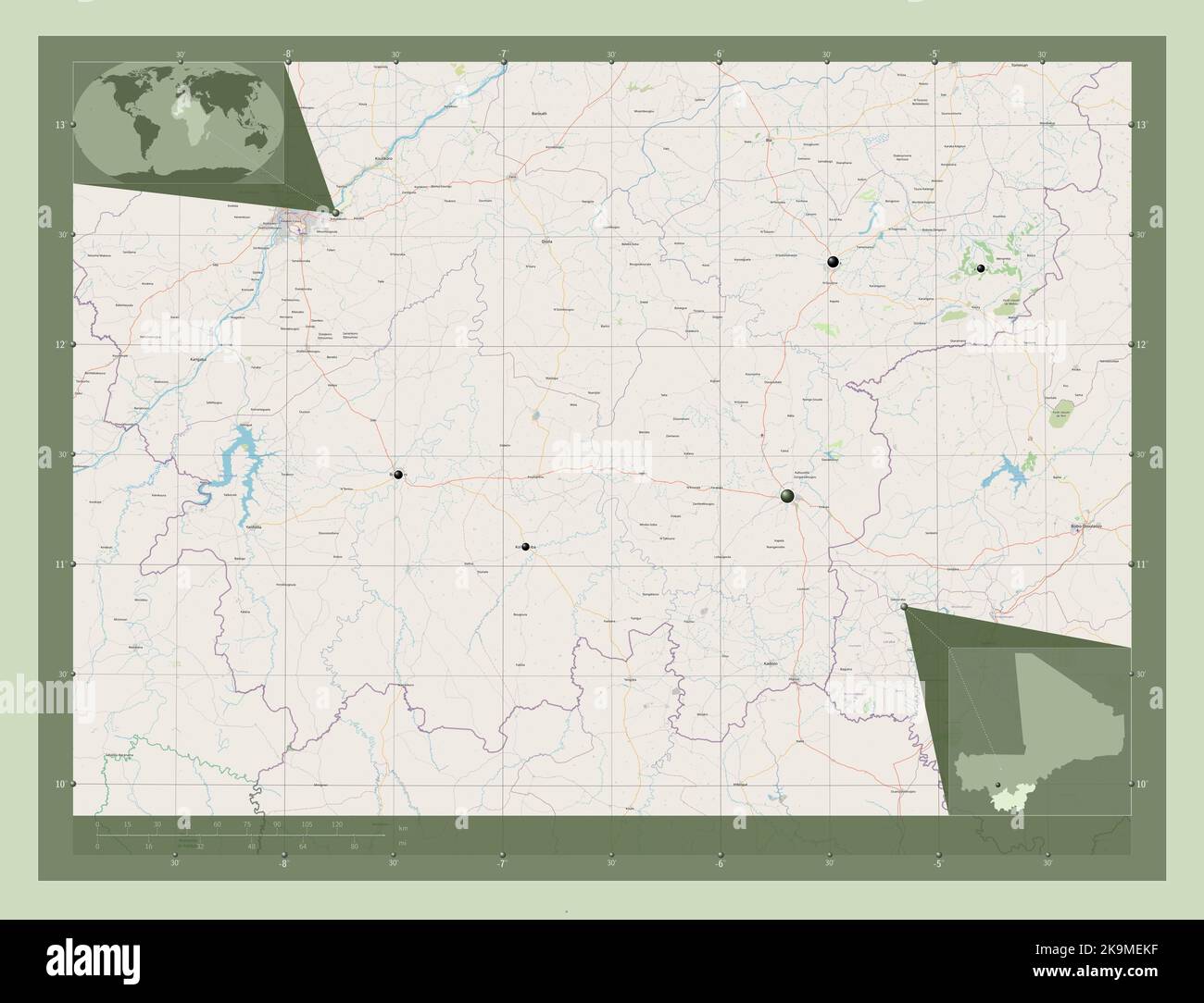 Sikasso, region of Mali. Open Street Map. Locations of major cities of