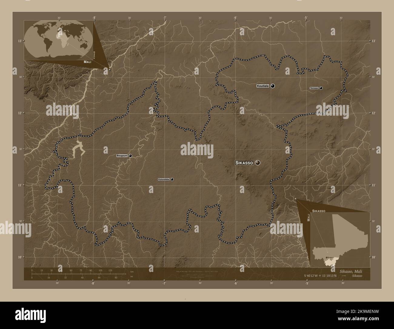 Sikasso, region of Mali. Elevation map colored in sepia tones with
