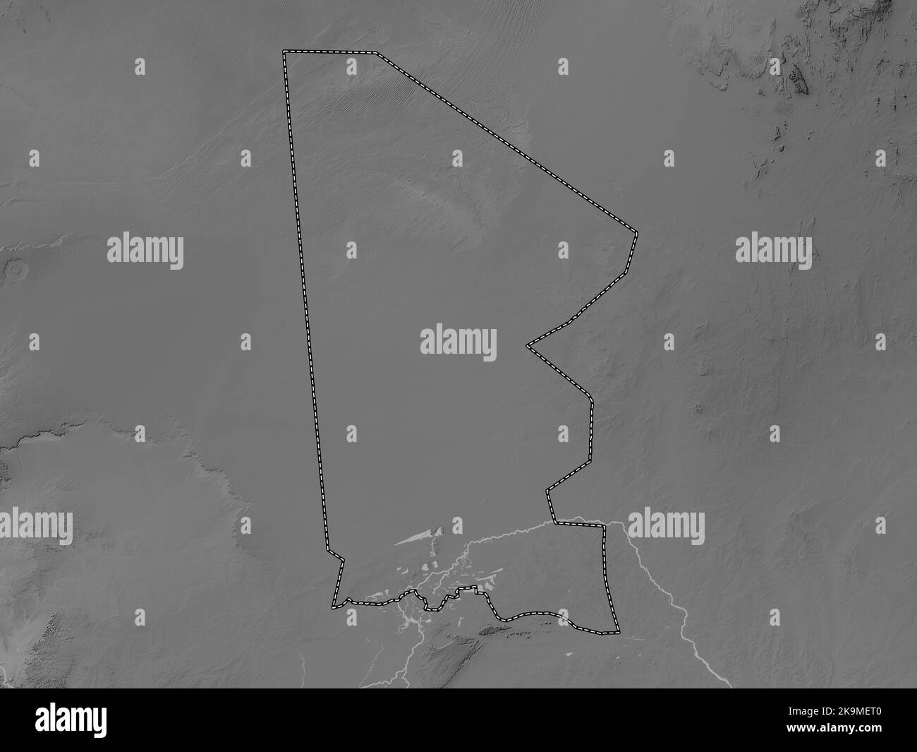 Timbuktu, region of Mali. Grayscale elevation map with lakes and rivers