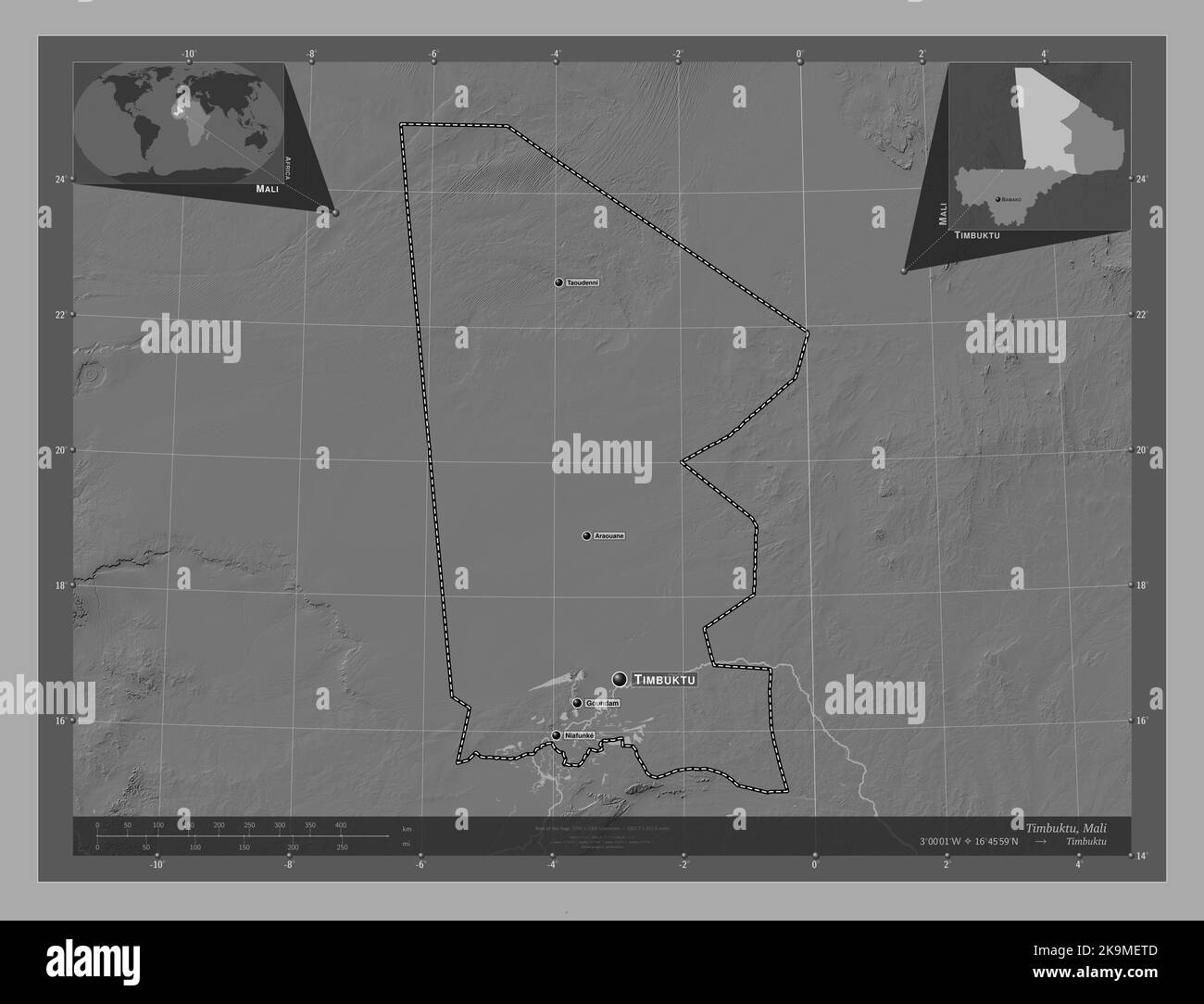 Timbuktu, region of Mali. Bilevel elevation map with lakes and rivers ...