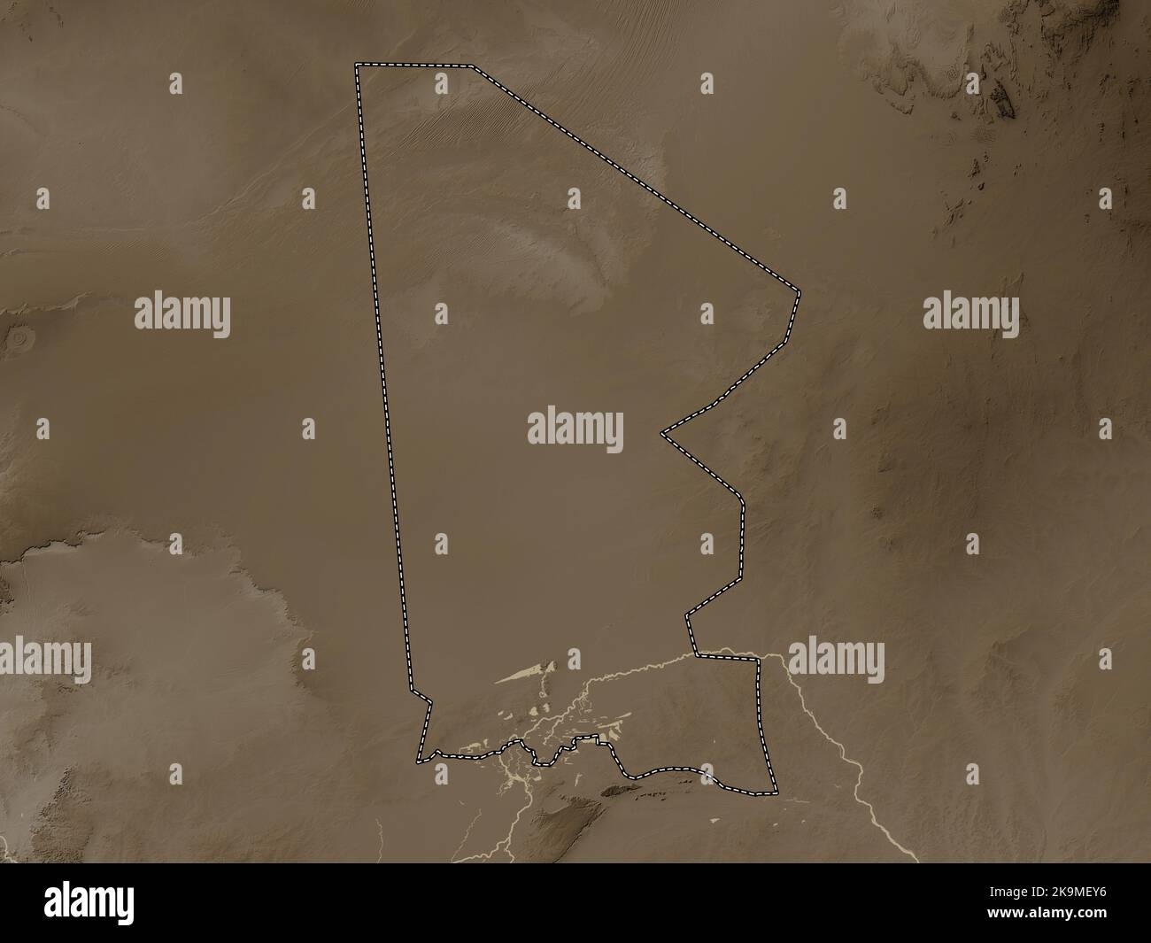 Timbuktu, region of Mali. Elevation map colored in sepia tones with lakes and rivers Stock Photo