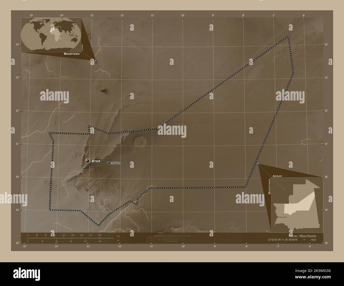 Adrar, region of Mauritania. Elevation map colored in sepia tones with