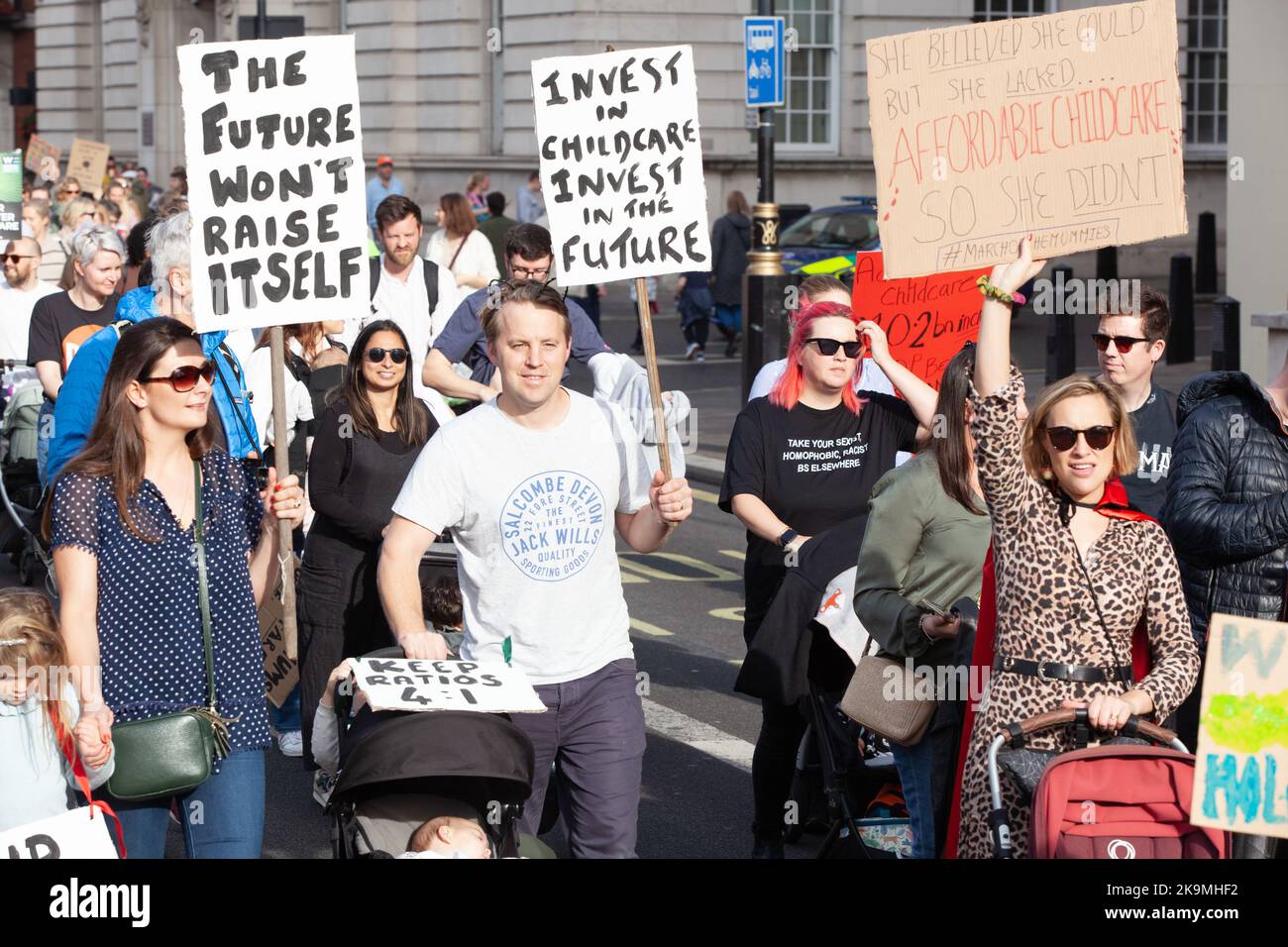 London, UK, 29 October 2022: Demonstrators on March of the Mummies call for universal affordable childcare. Thousands of parents, children and grandparents, many in Halloween-themed costumes, marched in London and other cities. The march was organised by the campaign group Pregnant Then Screwed. Anna Watson/Alamy Live News Stock Photo