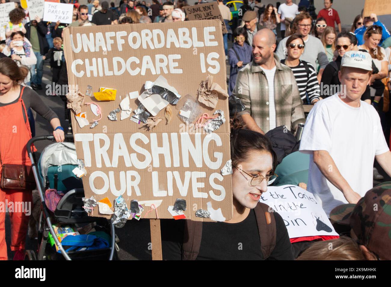 London, UK, 29 October 2022: Demonstrators on March of the Mummies call for universal affordable childcare. Thousands of parents, children and grandparents, many in Halloween-themed costumes, marched in London and other cities. The march was organised by the campaign group Pregnant Then Screwed. Anna Watson/Alamy Live News Stock Photo
