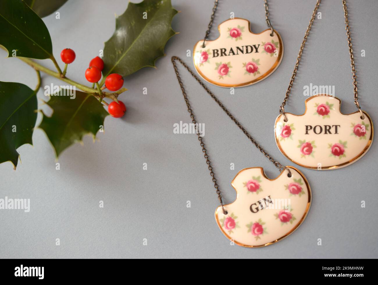 Vintage decanter labels with Xmas decorations Stock Photo Alamy