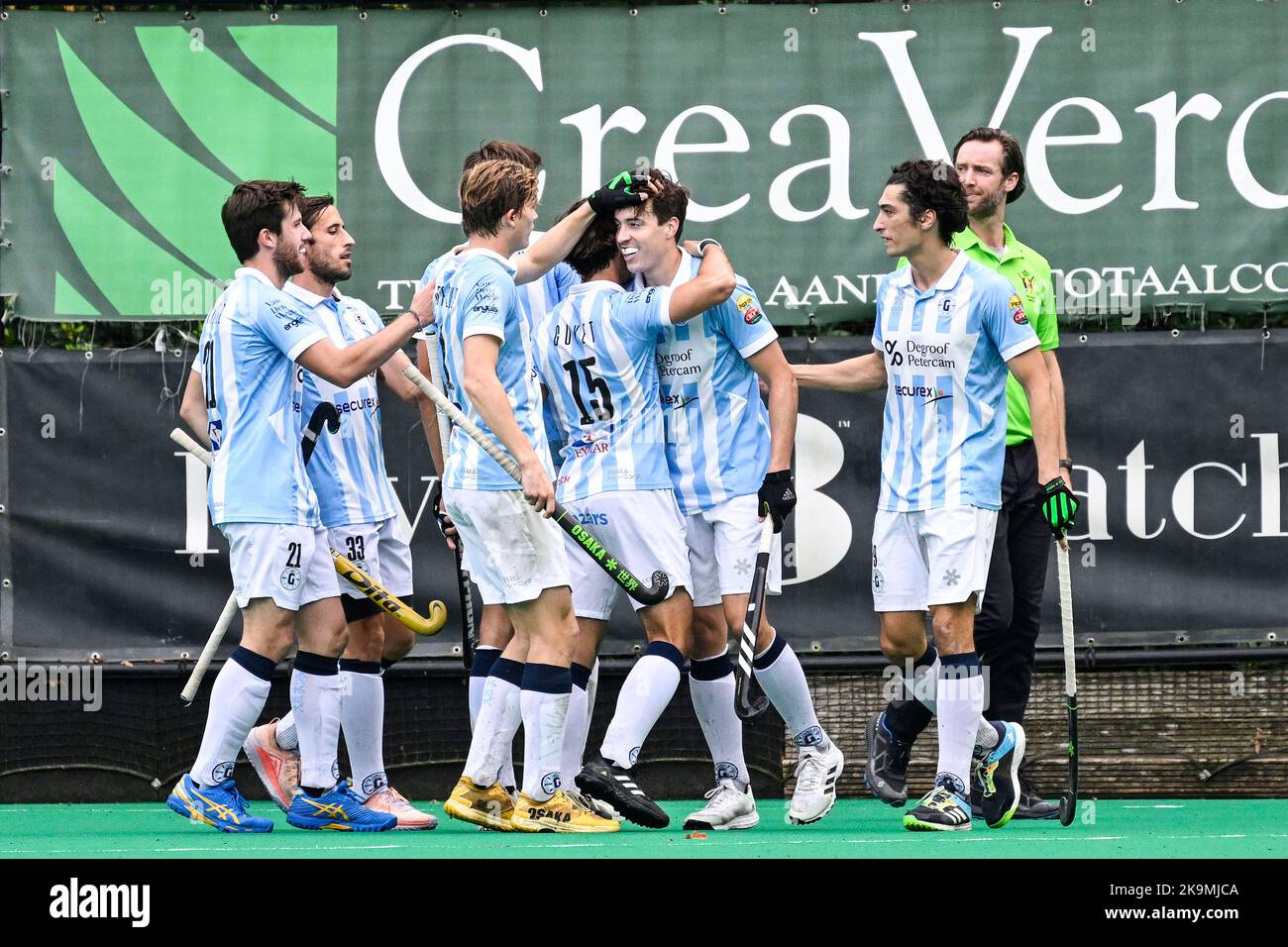 Gantoise's Sean Murray celebrates after scoring during a hockey game between KHC Dragons and