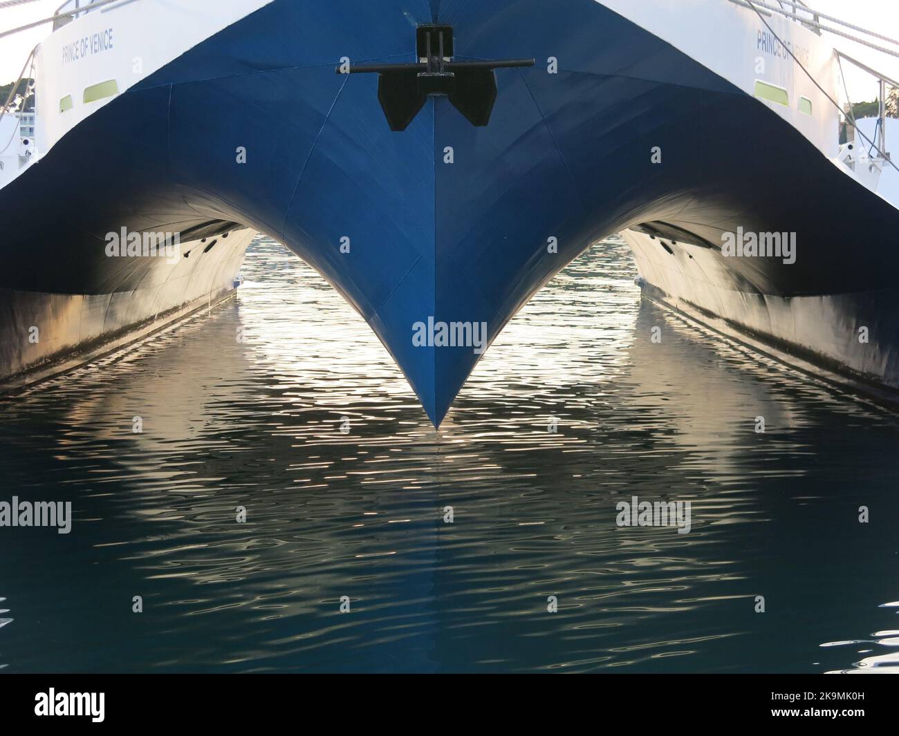 View looking through the distinctive blue snout and two hulls of 'The Prince of Venice',  a  wave piercer catamaran that crosses the Adriatic. Stock Photo