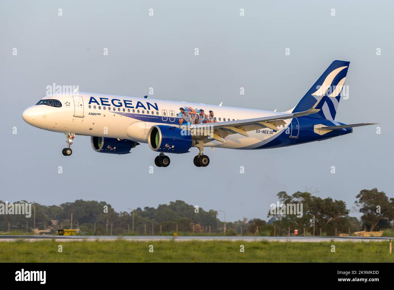 Aegean Airlines Airbus A320-271N (REG: SX-NEE) with a Hellenic Basketball Team stickers, left side in English language. Stock Photo