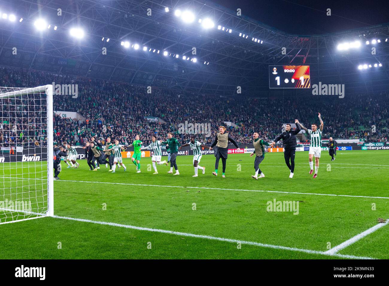 Teammates of Ferencvarosi TC celebrate after the UEFA Europa