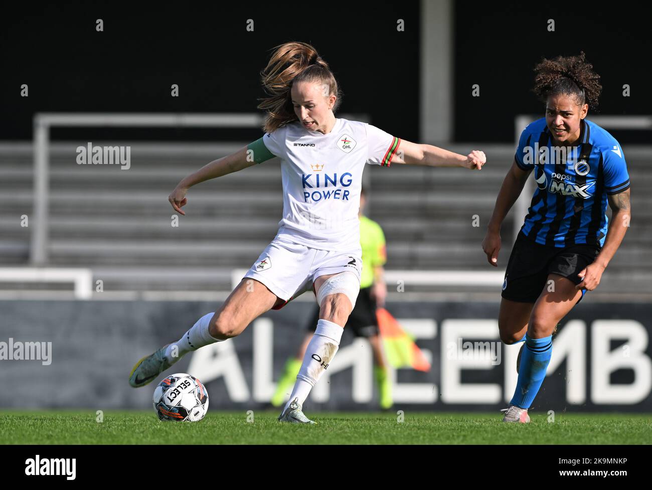 Sari Kees (2) of OHL pictured with Roosa Ariyo (20) of Brugge during a
