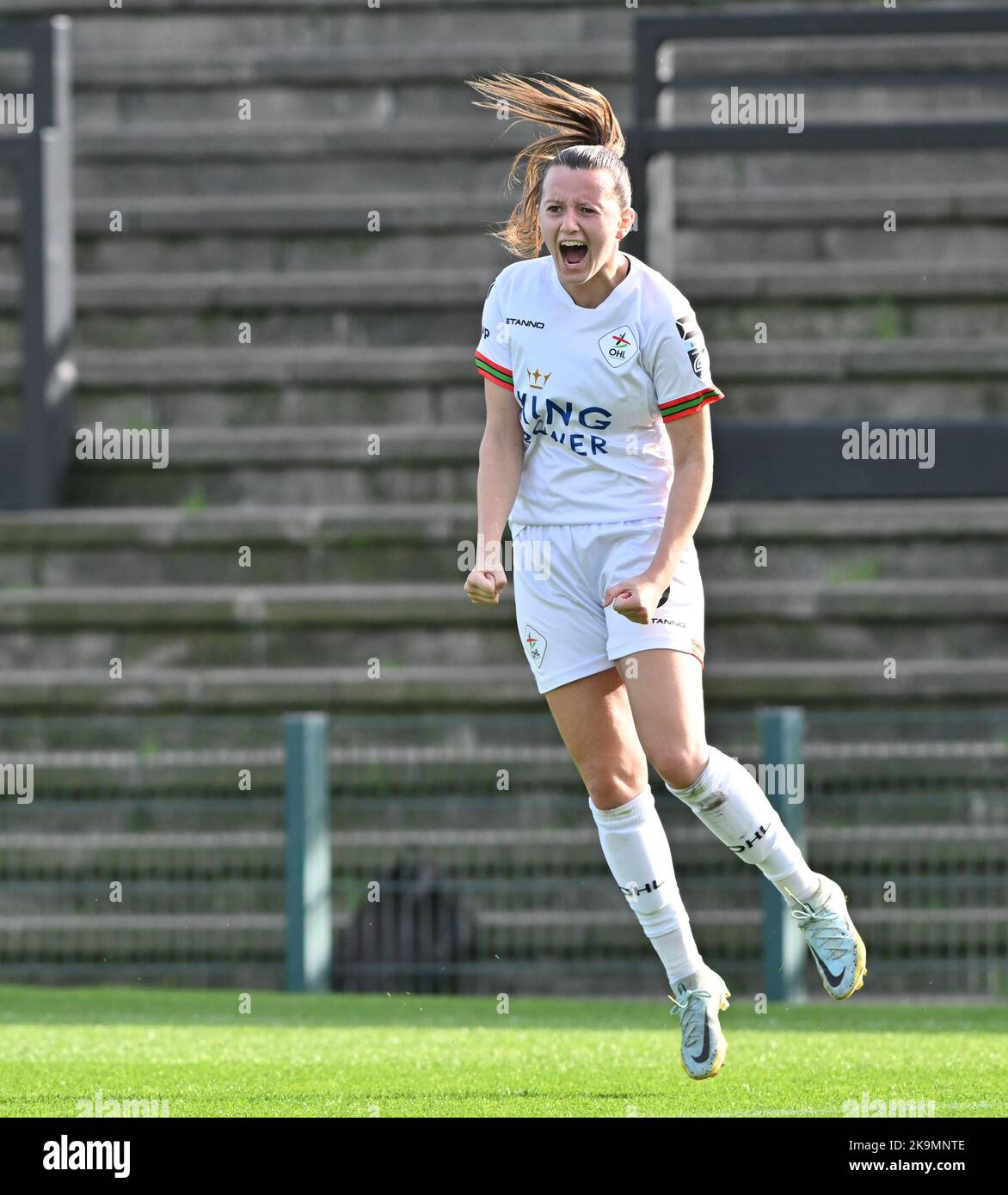 Hannah Eurlings (9) of OHL pictured celebrating after scoring a goal during  a female soccer game between Club Brugge Dames YLA and Oud Heverlee Leuven  on the 9th matchday of the 2022 -