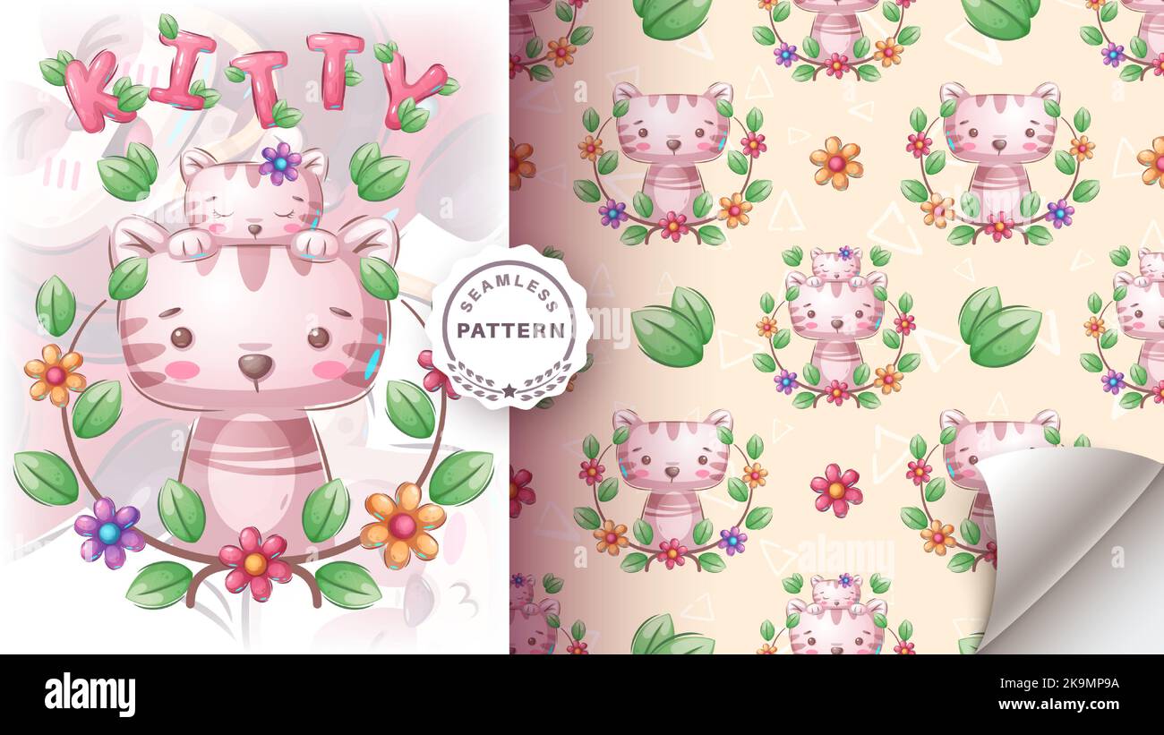 Cute cat family - seamless pattern Stock Vector