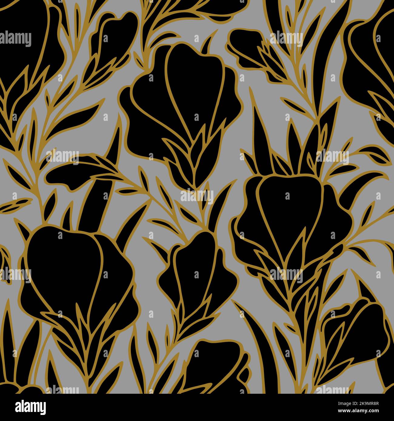 seamless pattern of large black flowers with a golden outline on a ...