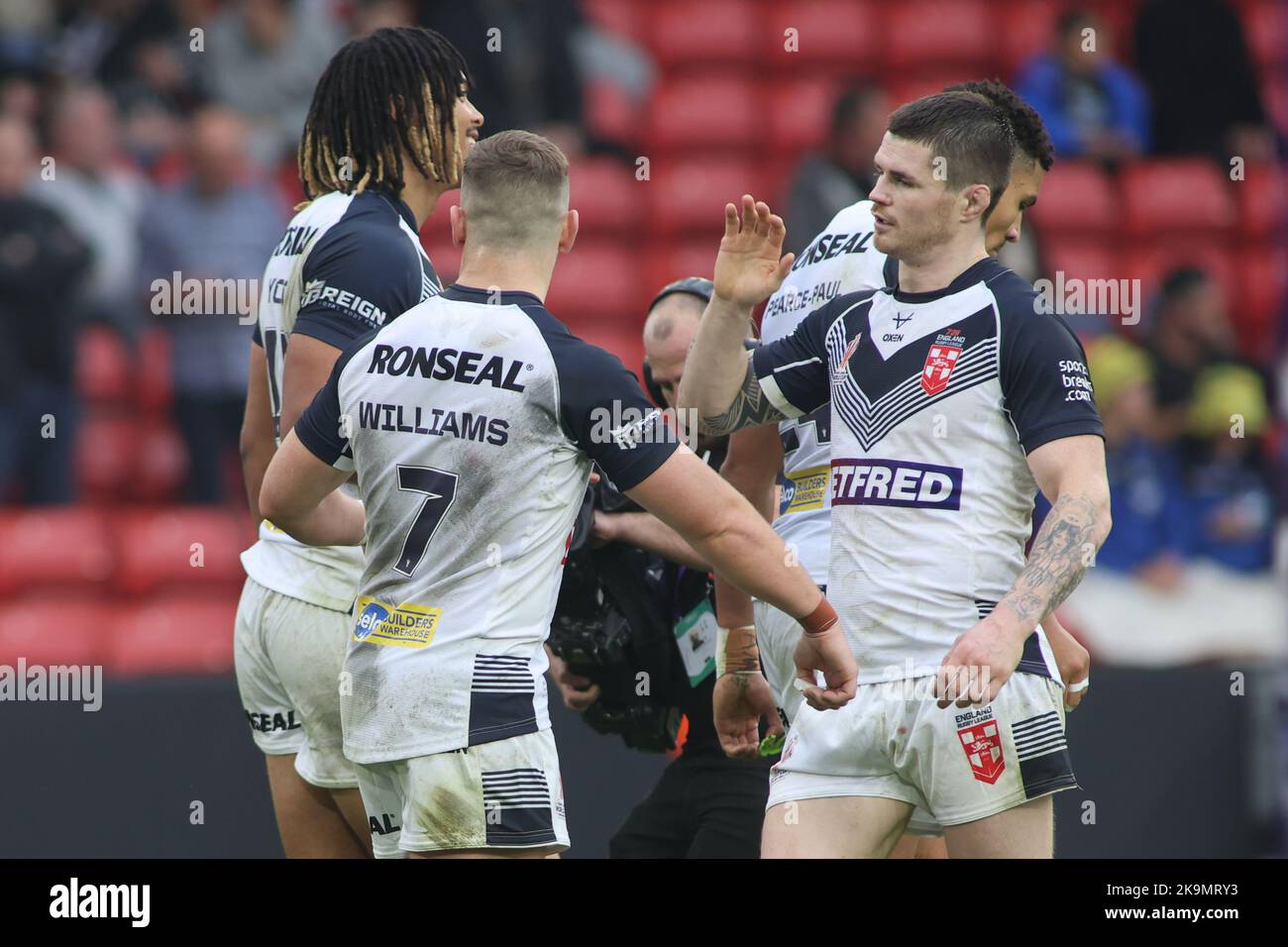 Sheffield, UK. 29th Oct, 2022. Bramall Lane, Sheffield, South Yorkshire, 29th October 2022. Rugby League 2021 World Cup England Rugby League vs Greek Rugby League Dom Young celebrates scoring his 3rd try of the game against Greece Rugby League Credit: Touchlinepics/Alamy Live News Stock Photo