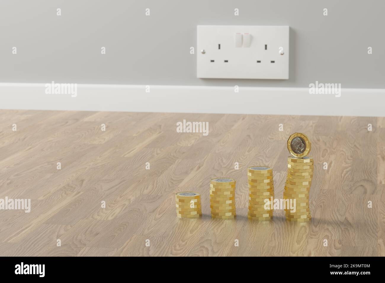 United Kingdom Electric Plug Socket with British Pound Coin, Energy Crisis Concept, 3D Illustration Stock Photo