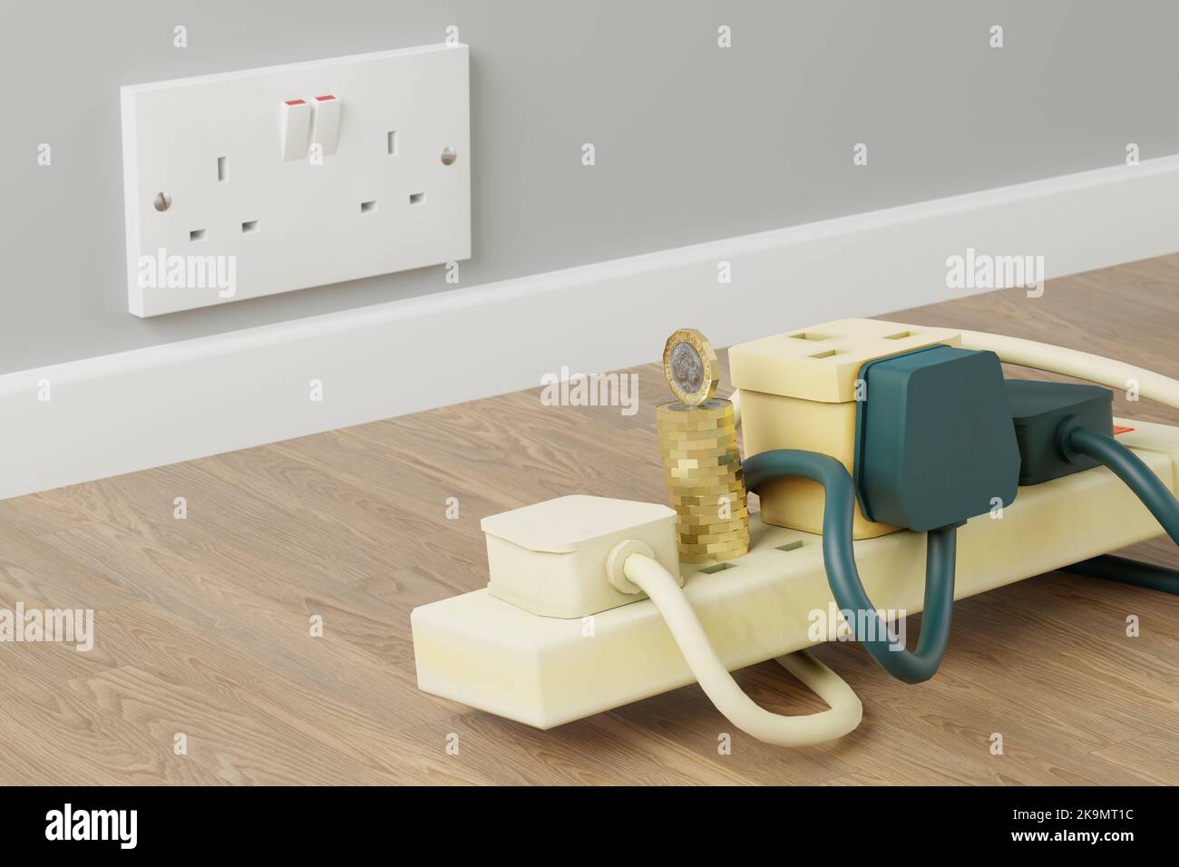 United Kingdom Electric Plug Socket with British Pound Coin, Energy Crisis Concept, 3D Illustration Stock Photo