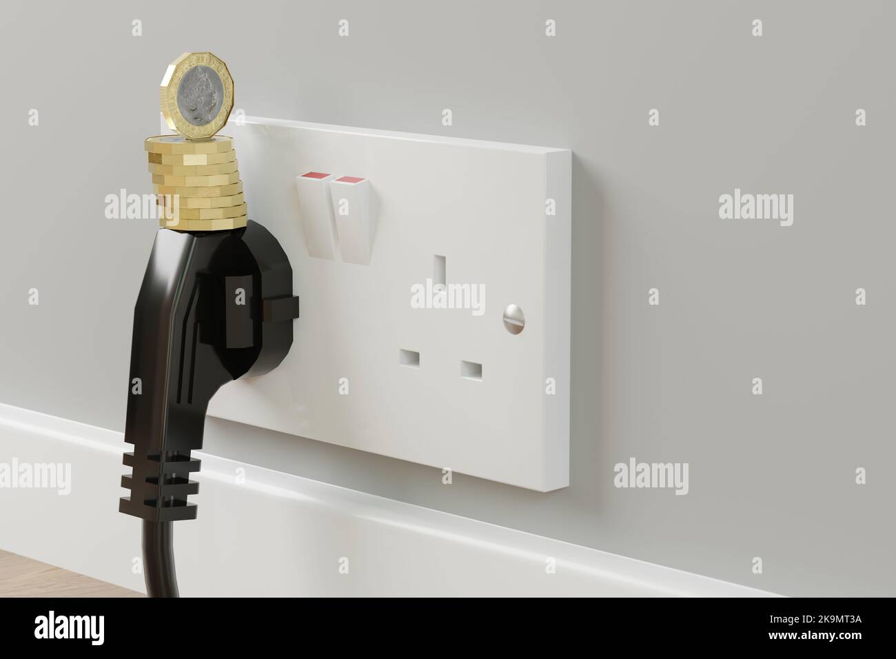 United Kingdom Electric Plug Socket with British Pound Coin, Energy