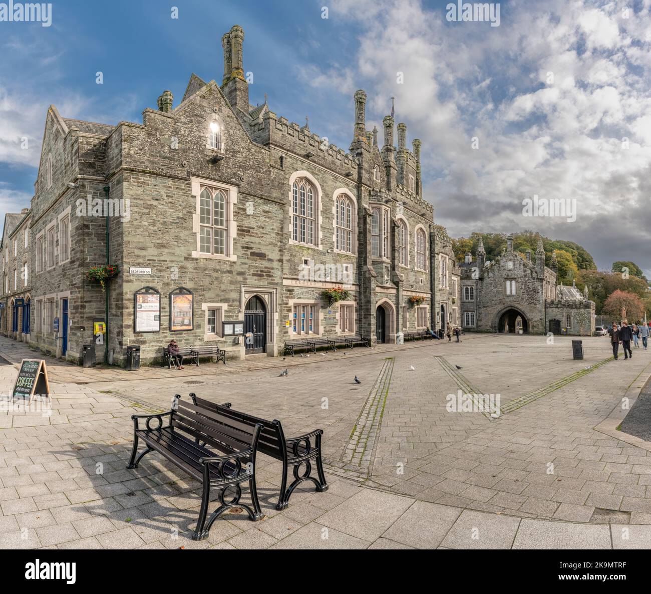 Tavistock Town Hall is a Grade II listed building in Bedford Square, Tavistock, Devon. it was commisioned by Francis Russell, 7th Duke of Bedford, as Stock Photo