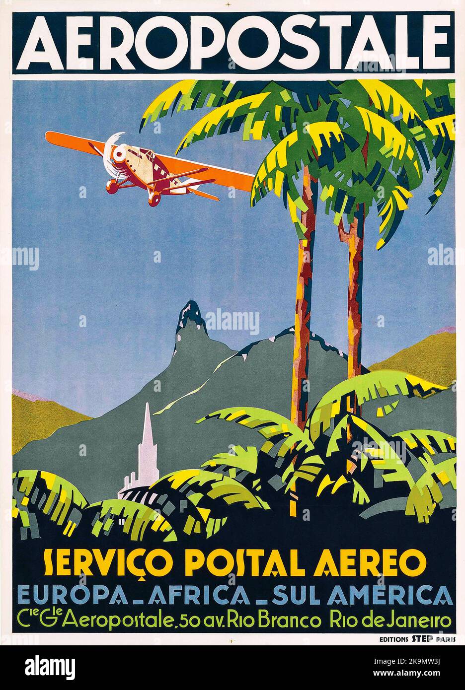 Vintage 1920s travel poster - AEROPOSTALE, RIO DE JANEIRO, Servico Postal Aero. South America Stock Photo
