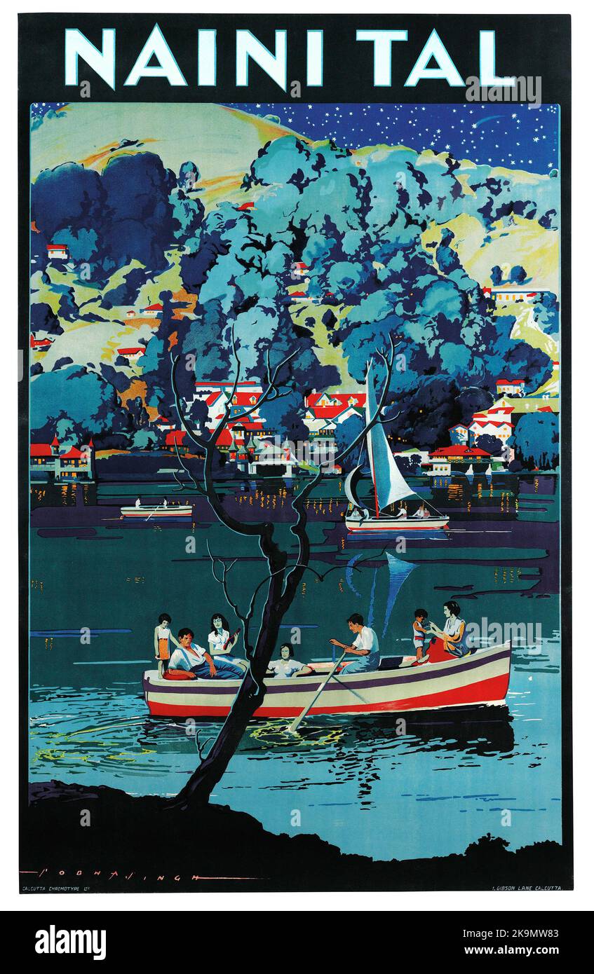 Vintage 1930s India Travel Poster - Nainital  a Himalayan resort town on Nainital Lake, a popular boating site . Naina Devi Hindu Temple . Stock Photo