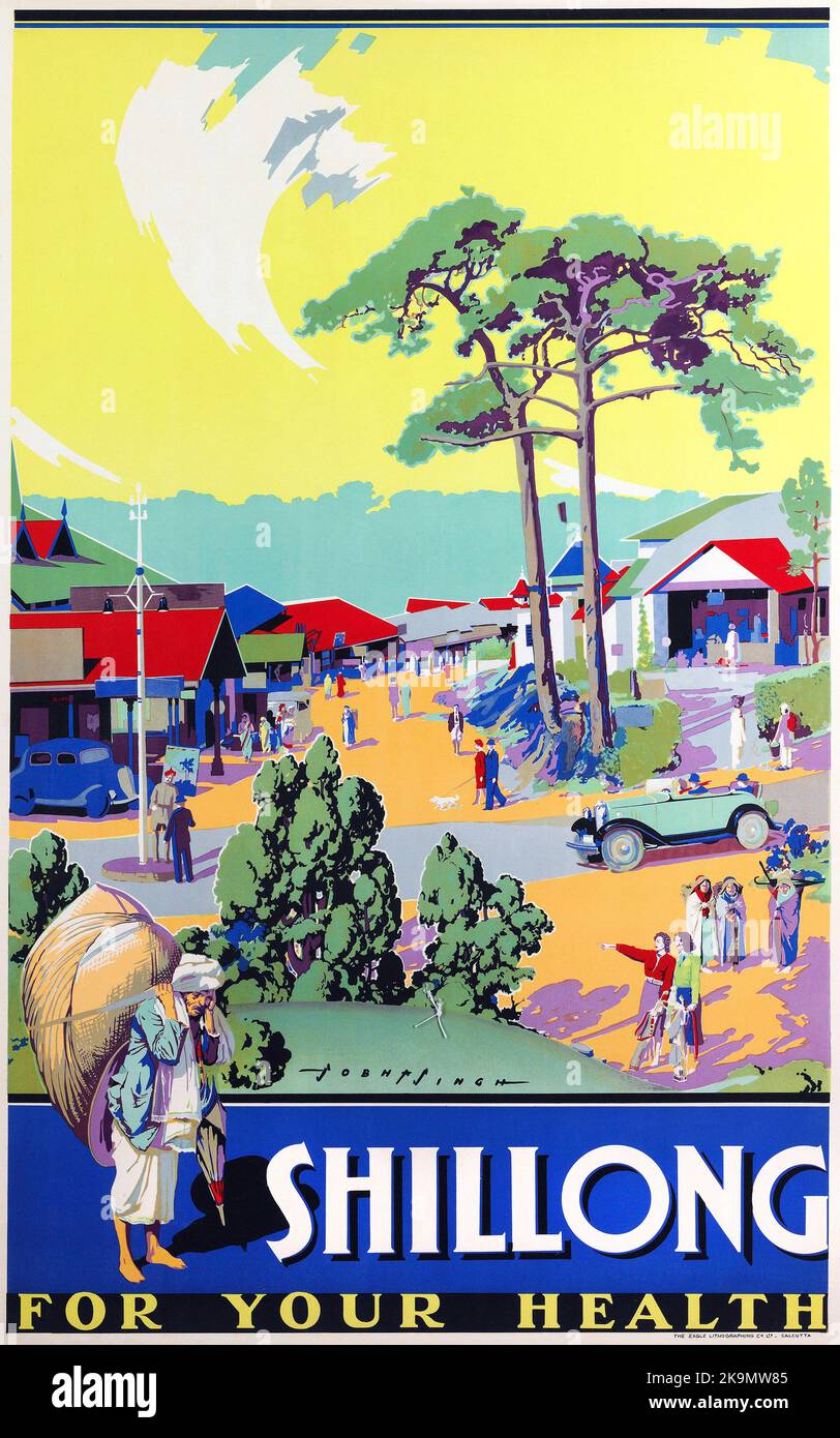 Vintage 1930s Travel poster - Shillong, India. Shillong city is in the northeastern part of India and the capital of Meghalaya Stock Photo
