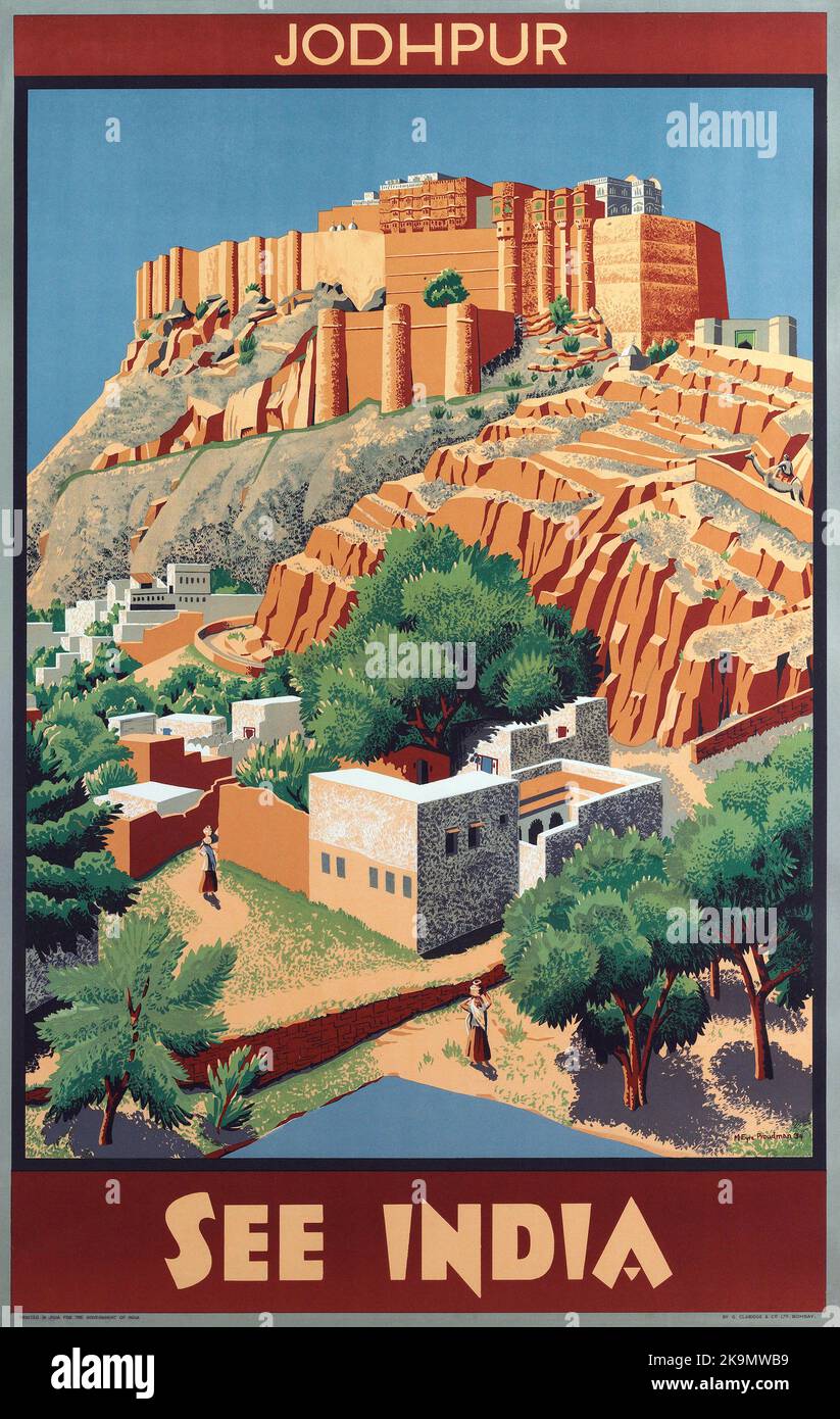 Vintage 1930s India Travel Poster - See India/Jodhpur ,Mehrangarh Fort  1934 Stock Photo