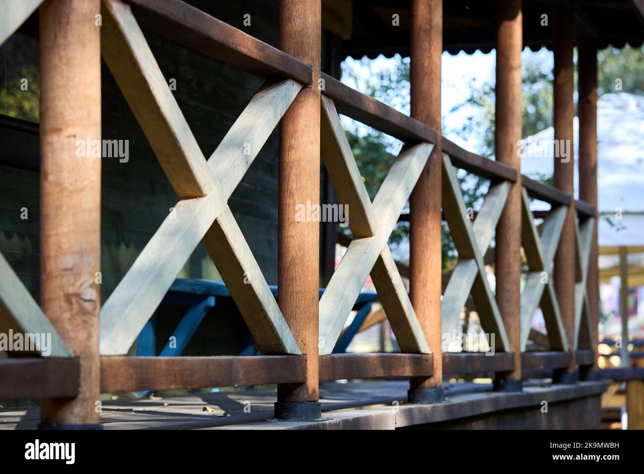 Picture of Terrace or veranda wooden fence railing. Decorative element. Wooden ...