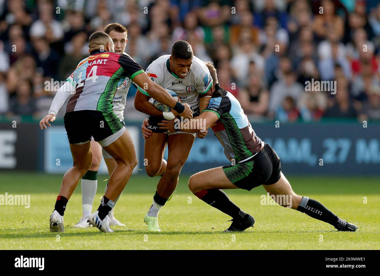 London Irish's Ben Loader is tackled during the Gallagher Premiership ...