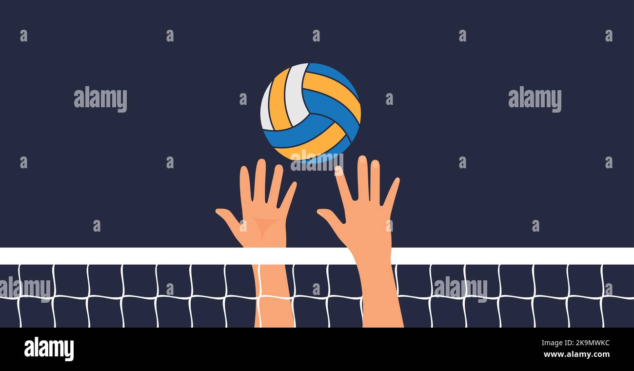 Volleyball game. People hit their hands on the volleyball ball. Vector