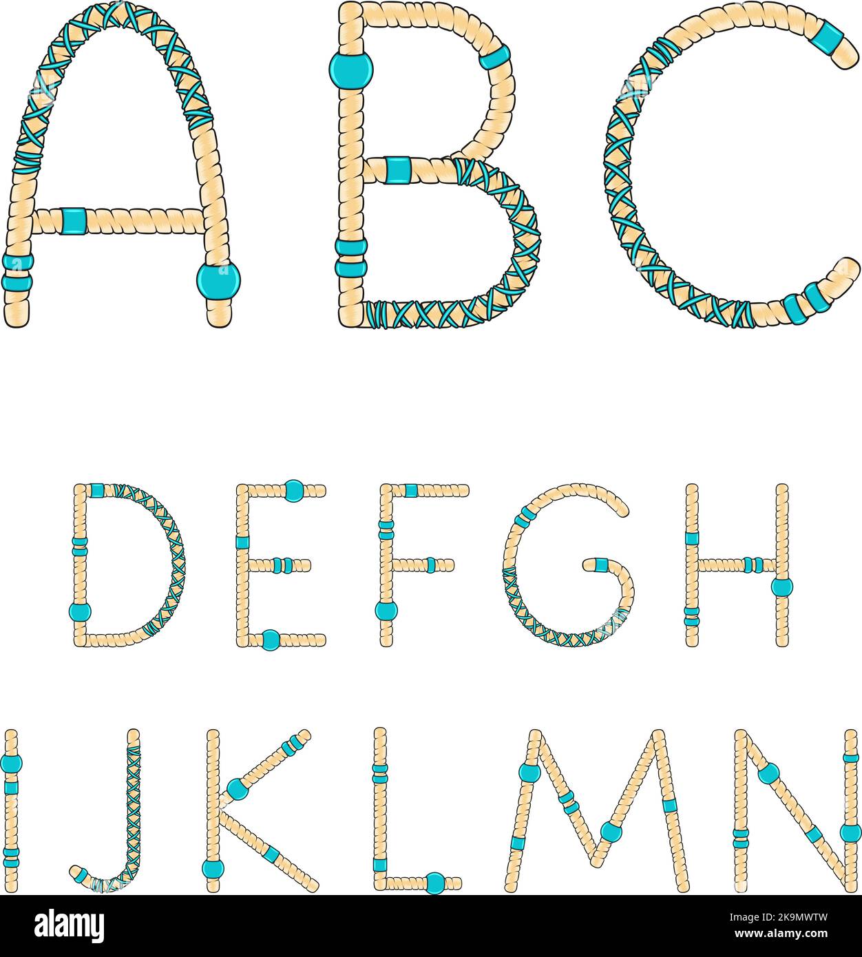 Font, alphabet, letters from dreadlocks from A to N. Isolated vector