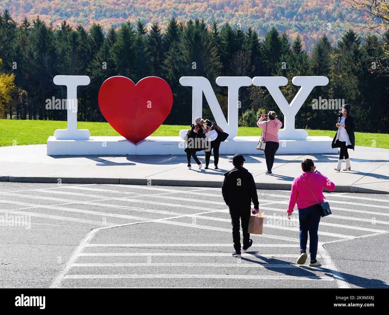Kirkwood, New York, U.S.A - October 15, 2022 - Visitors taking pictures near the 'I Love NY' sign located near the rest stop Stock Photo