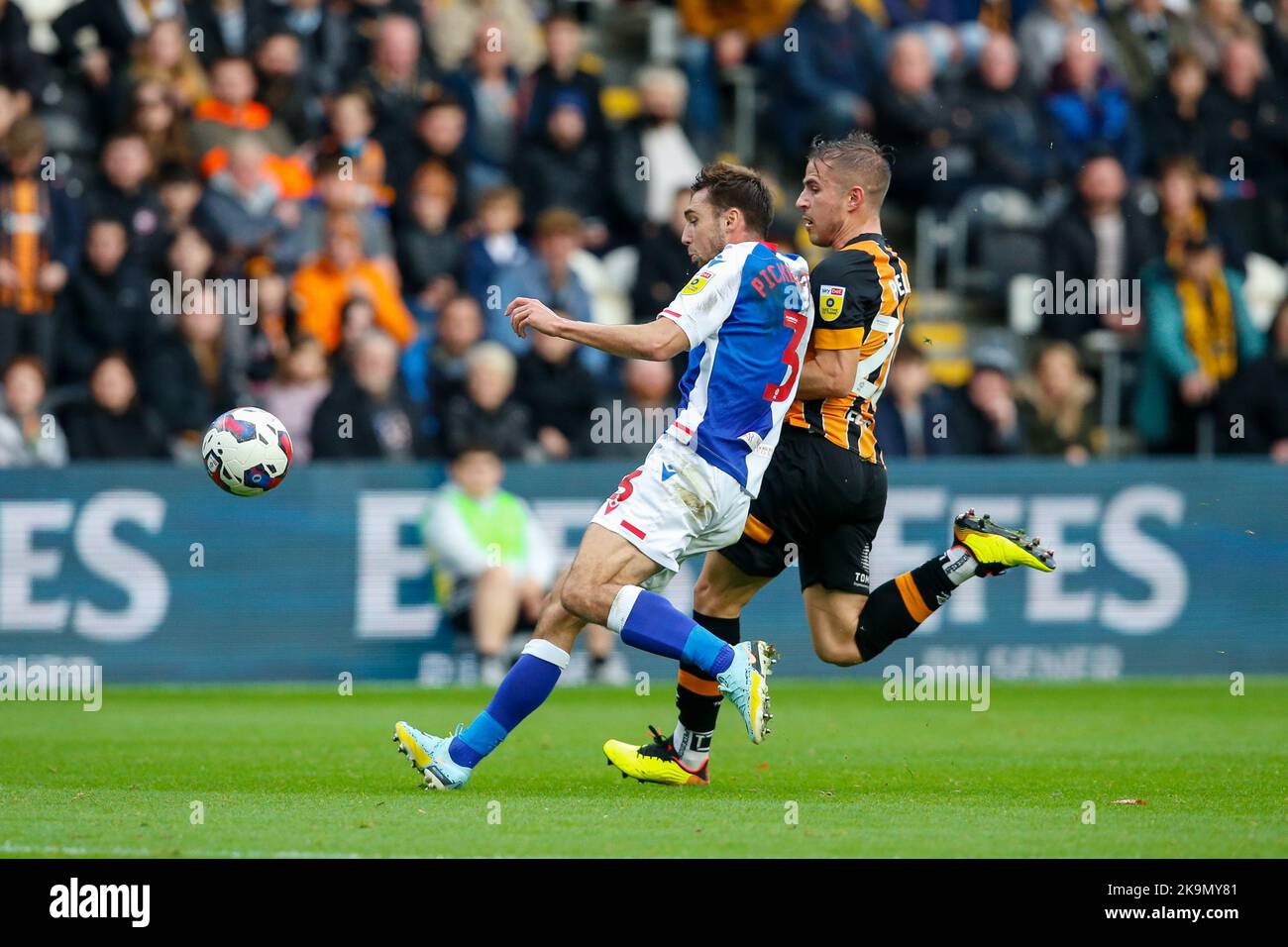 Hull, UK. 29th Oct, 2022. Dimitrios Pelkas #20 of Hull City and Harry Pickering #3 of Blackburn Rovers during the Sky Bet Championship match Hull City vs Blackburn Rovers at MKM Stadium, Hull, United Kingdom, 29th October 2022 (Photo by Ben Early/News Images) in Hull, United Kingdom on 10/29/2022. (Photo by Ben Early/News Images/Sipa USA) Credit: Sipa USA/Alamy Live News Stock Photo