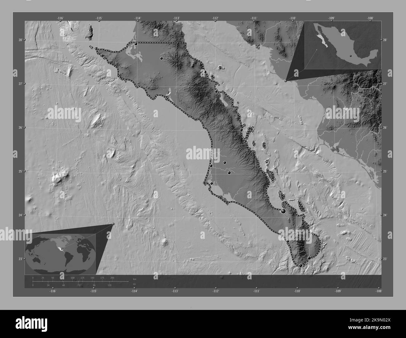 Baja California Sur, state of Mexico. Bilevel elevation map with lakes and rivers. Locations of