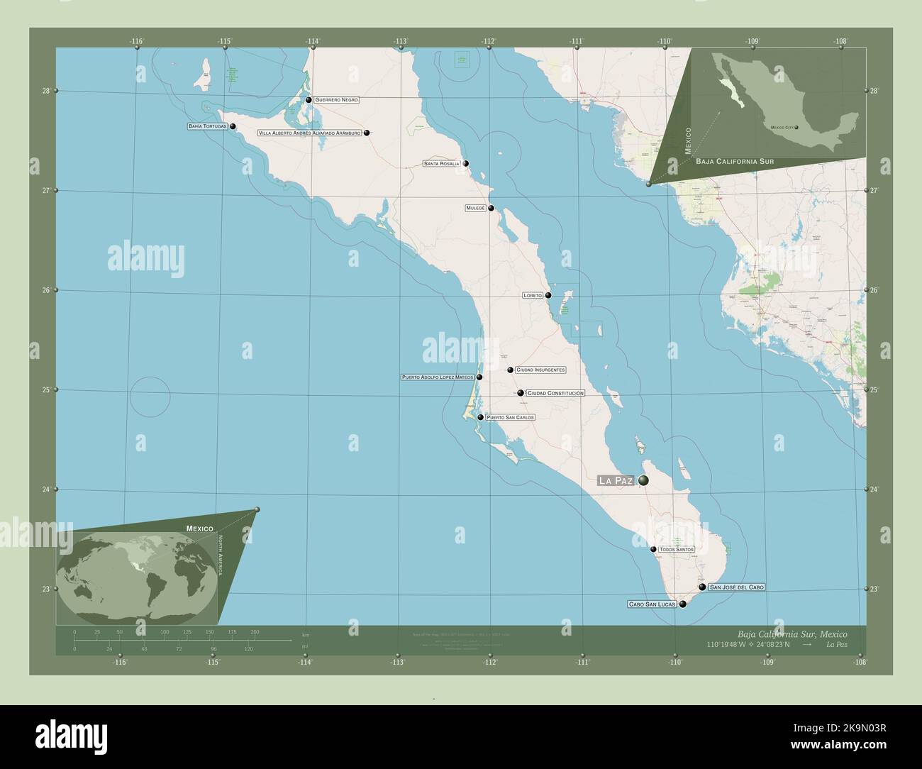 Baja California Sur, state of Mexico. Open Street Map. Locations and names of major cities of