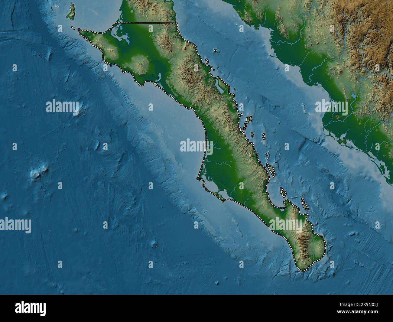 Baja California Sur, state of Mexico. Colored elevation map with lakes and rivers Stock Photo