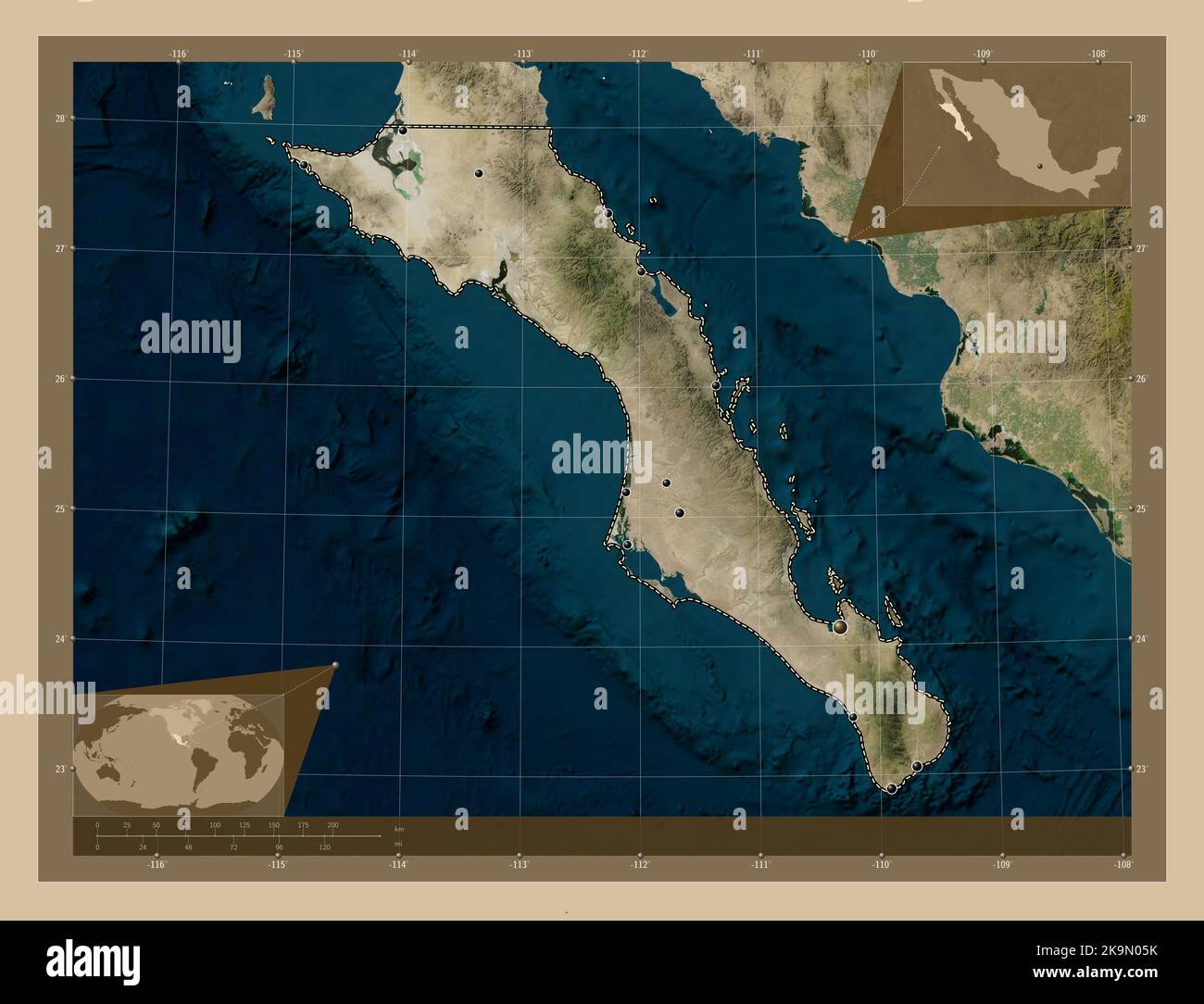 Baja California Sur, state of Mexico. Low resolution satellite map. Locations of major cities of