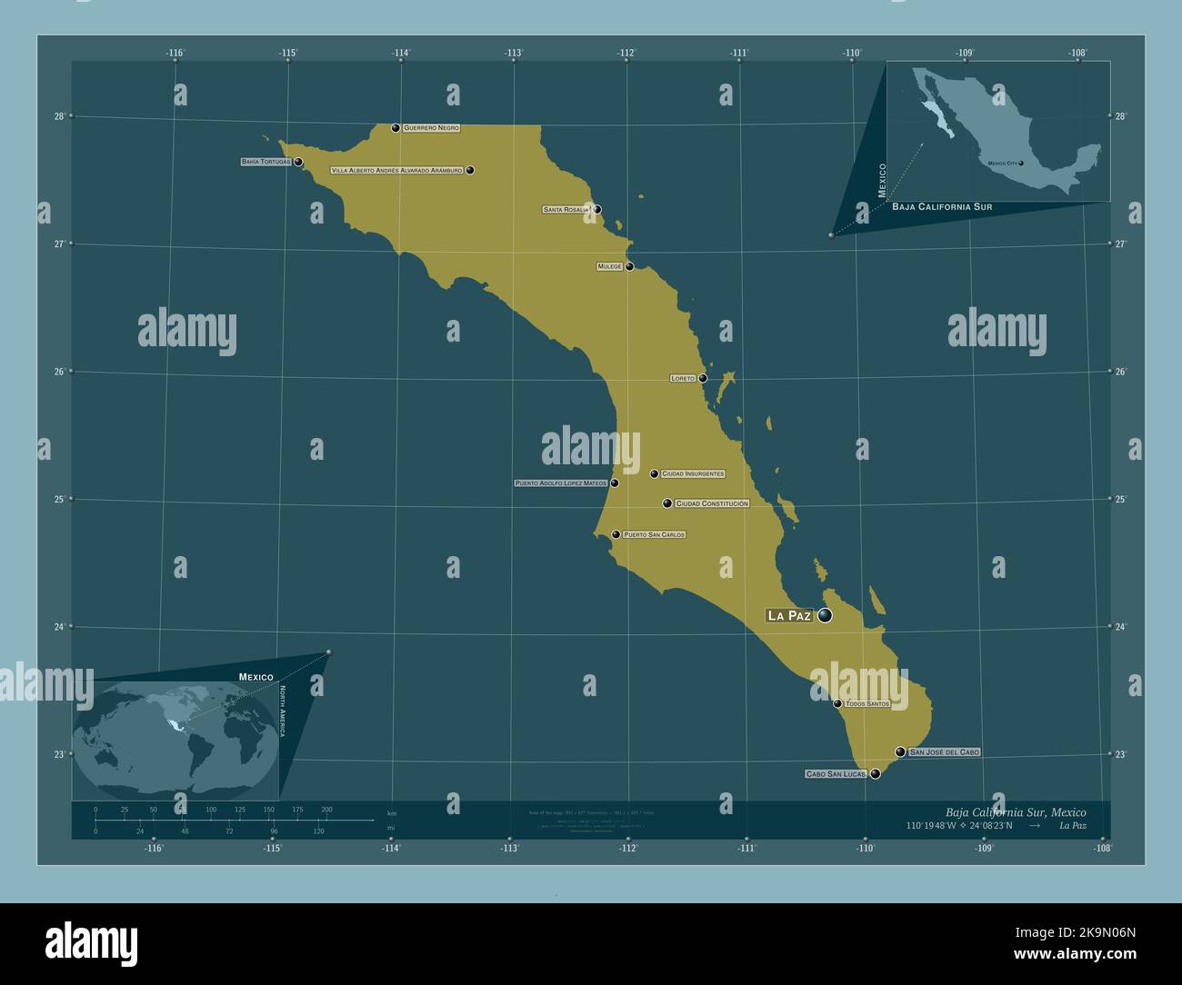 Baja California Sur, state of Mexico. Solid color shape. Locations and names of major cities of