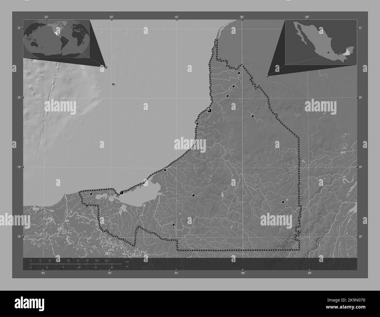Campeche, state of Mexico. Bilevel elevation map with lakes and rivers. Locations of major cities of the region. Corner auxiliary location maps Stock Photo