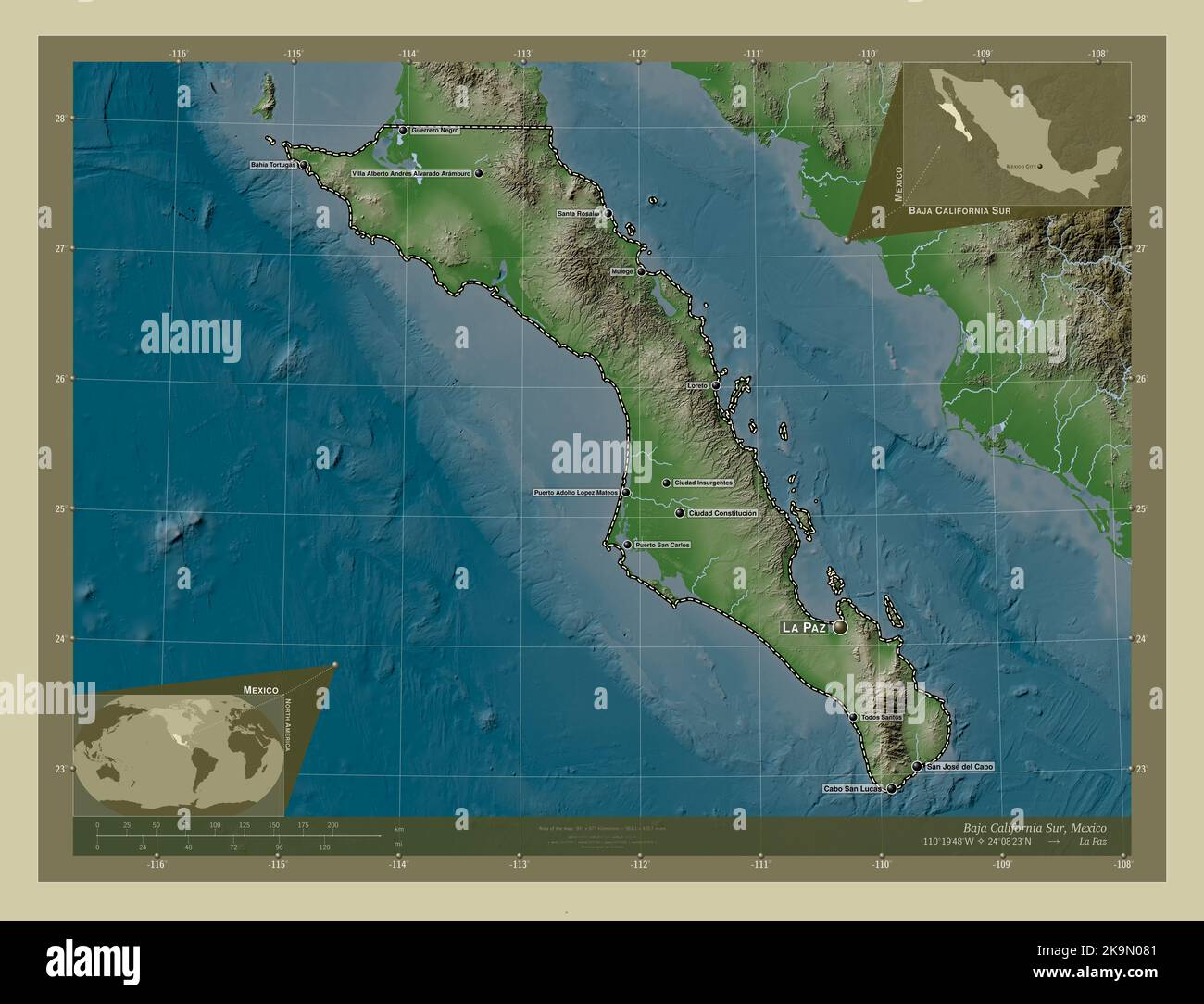 Baja California Sur, state of Mexico. Elevation map colored in wiki style with lakes and rivers