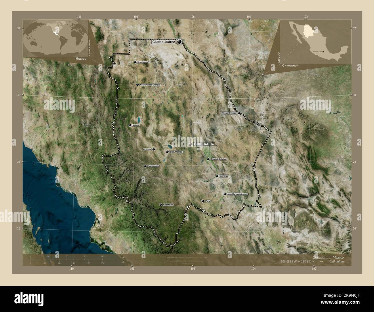Chihuahua, state of Mexico. High resolution satellite map. Locations