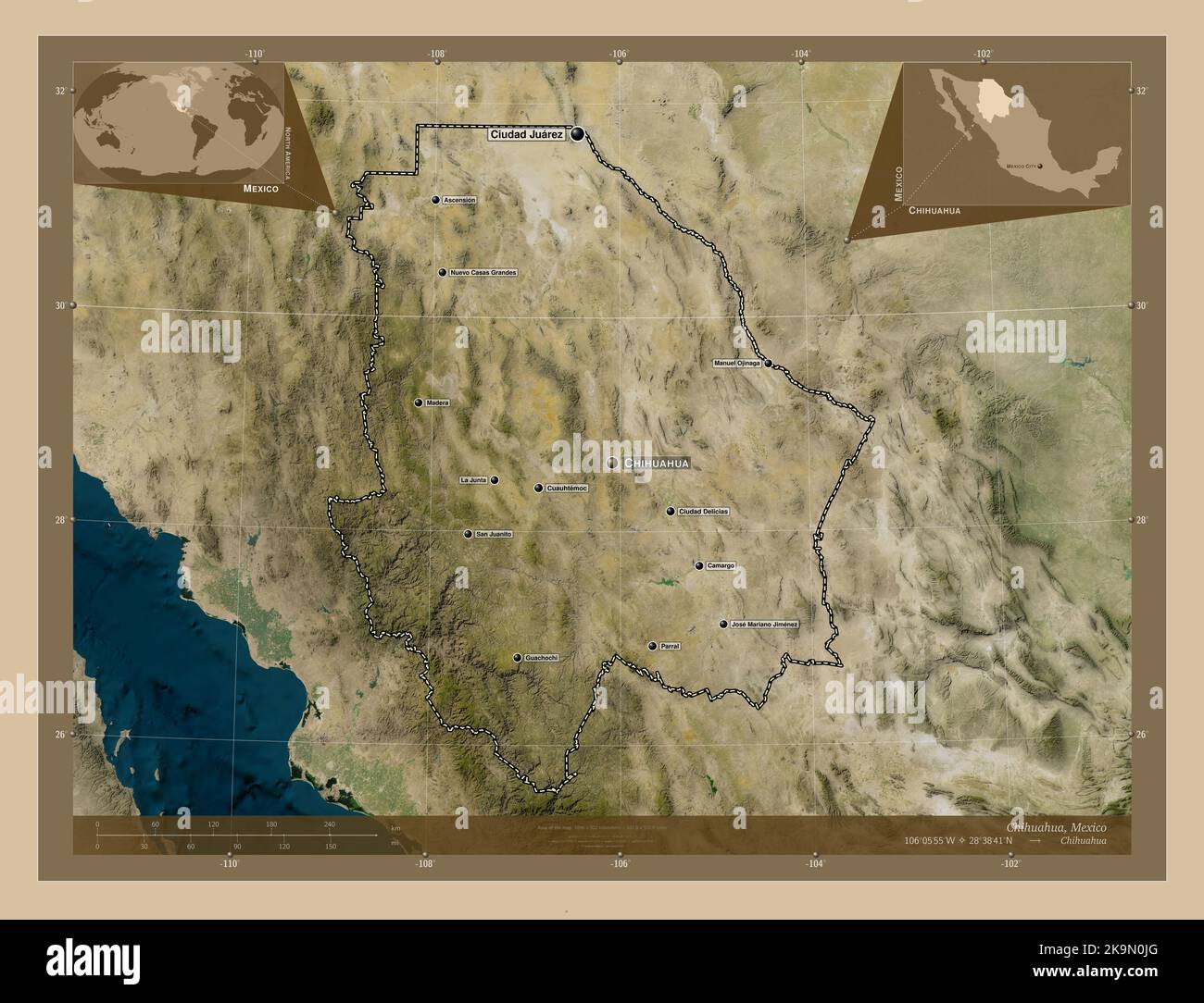 Chihuahua, state of Mexico. Low resolution satellite map. Locations and ...