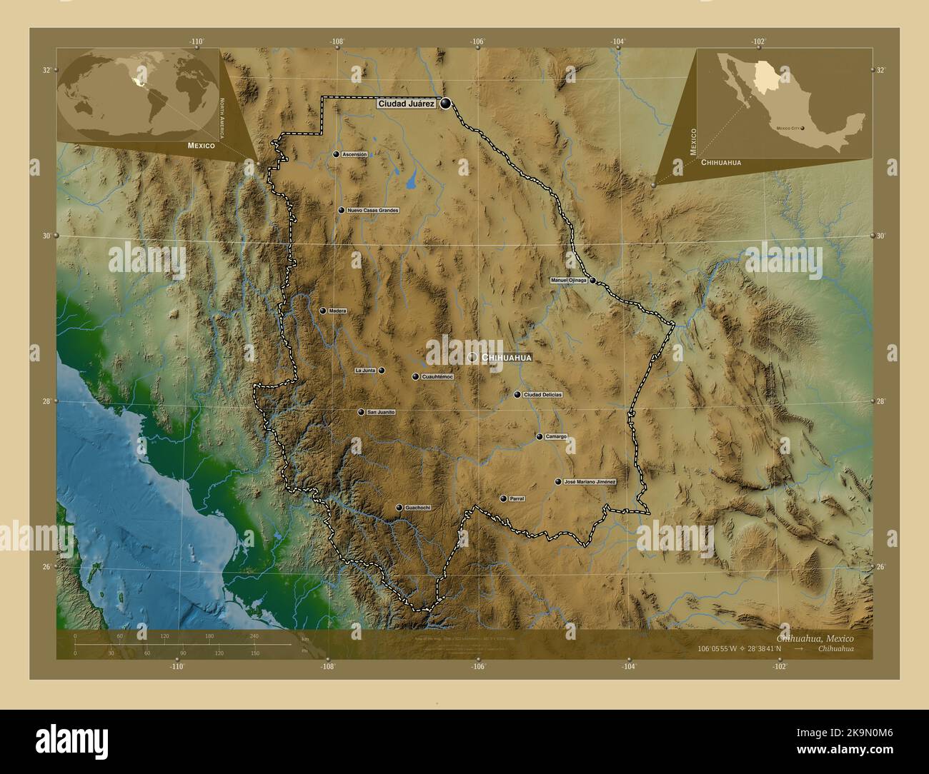 Chihuahua, state of Mexico. Colored elevation map with lakes and rivers ...
