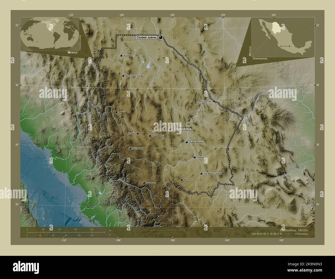 Chihuahua, state of Mexico. Elevation map colored in wiki style with 
