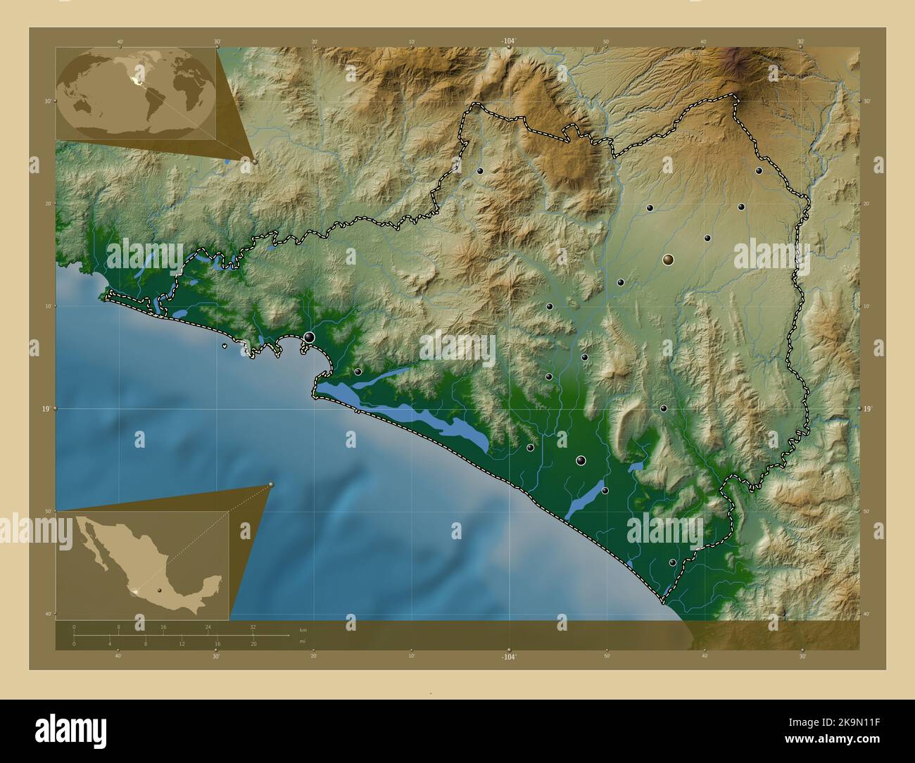 Colima, state of Mexico. Colored elevation map with lakes and rivers. Locations of major cities of the region. Corner auxiliary location maps Stock Photo
