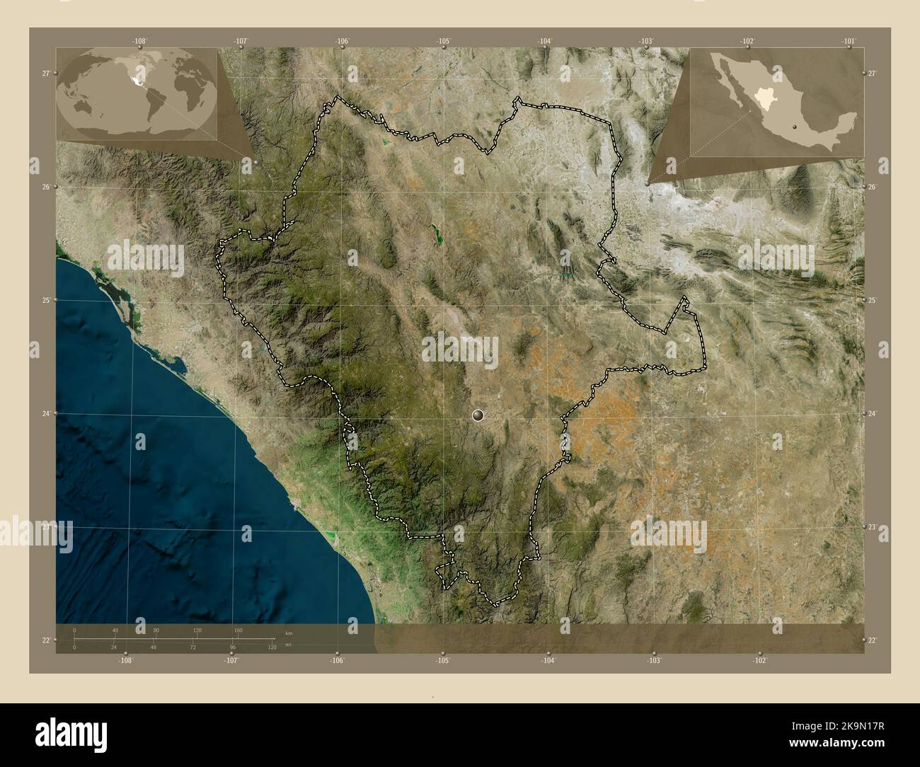 Durango, state of Mexico. High resolution satellite map. Corner ...