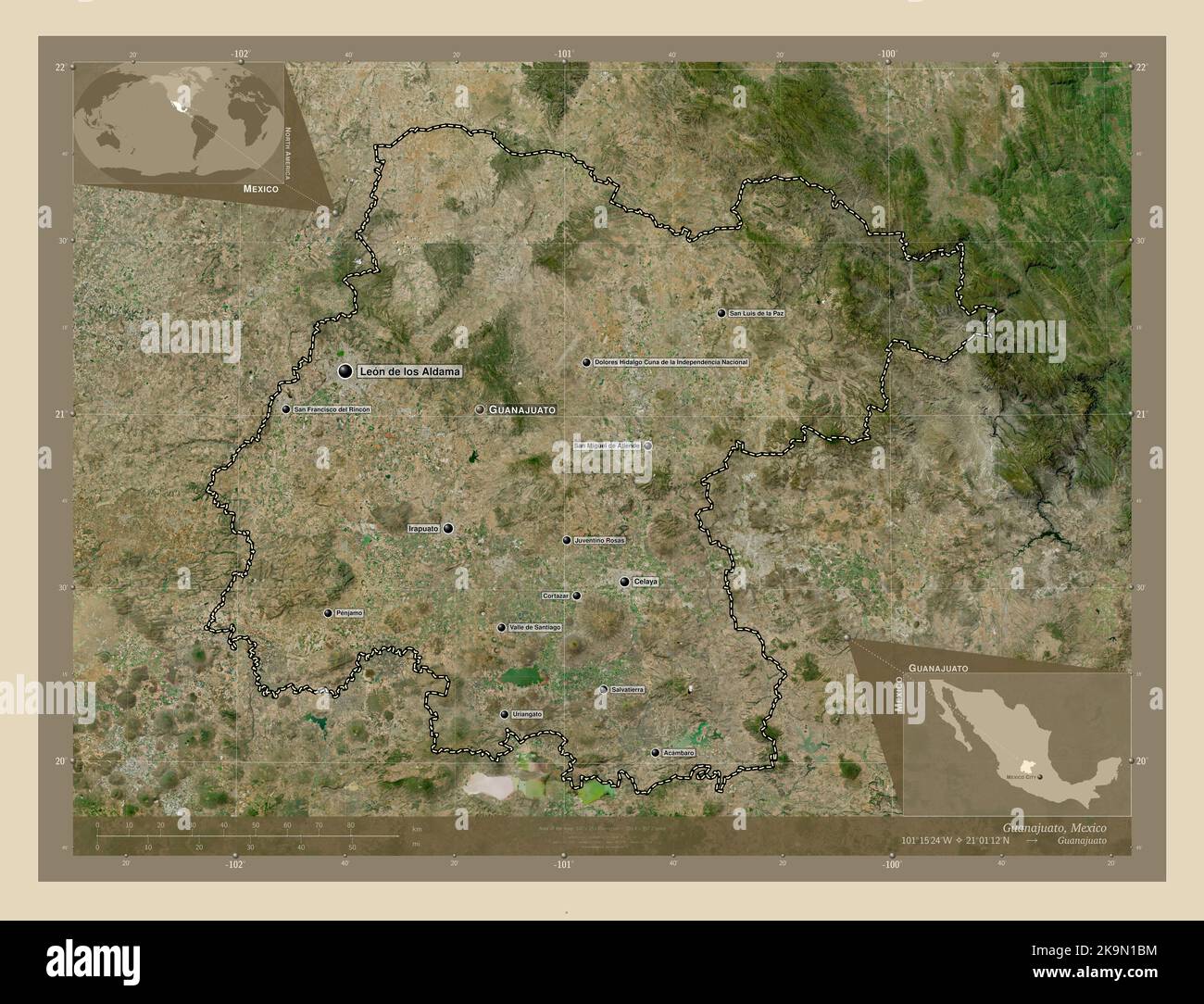 Guanajuato, state of Mexico. High resolution satellite map. Locations and names of major cities