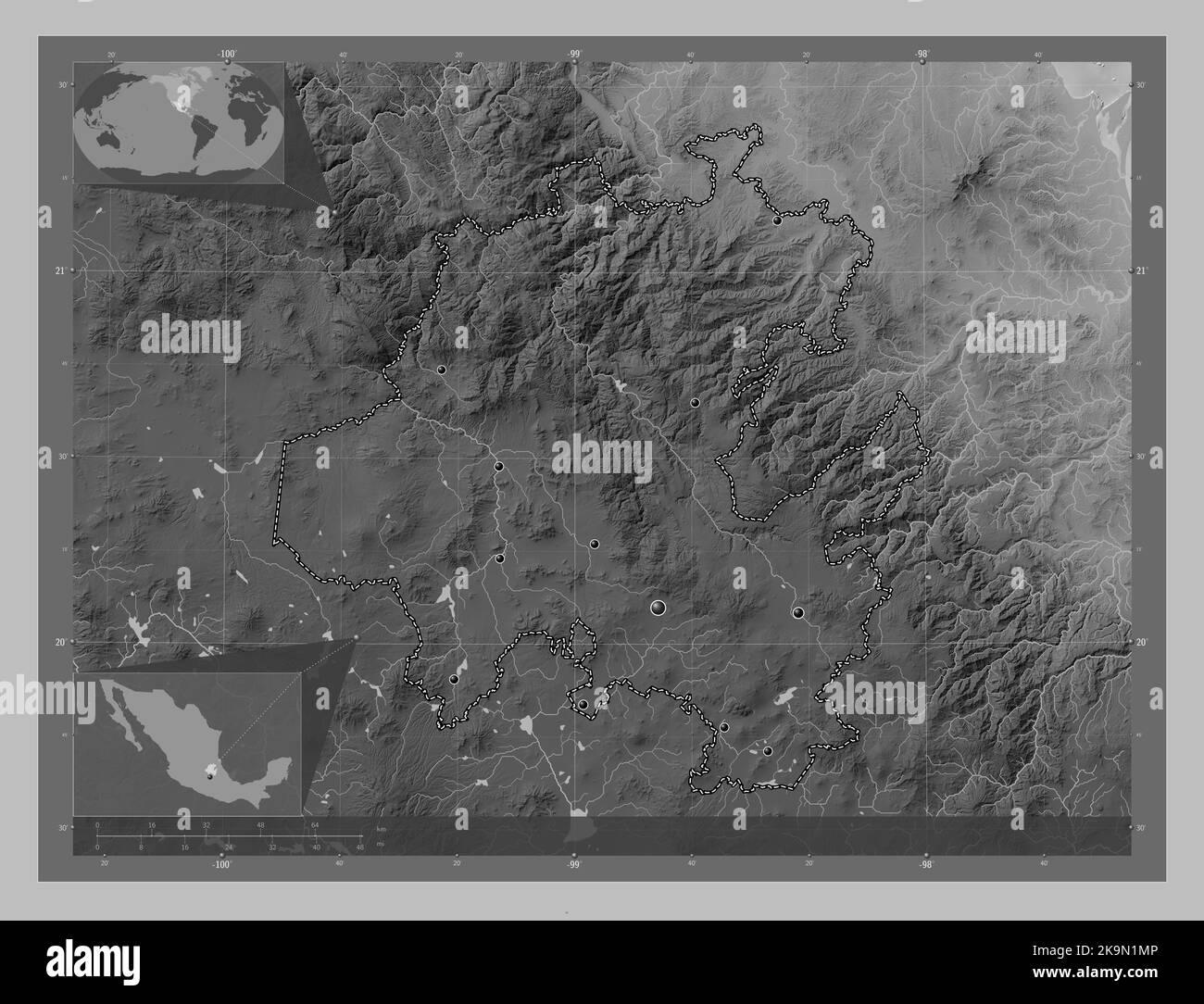 Hidalgo, state of Mexico. Grayscale elevation map with lakes and rivers ...