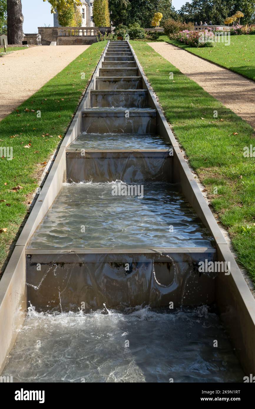 water features in the designer garden at Chateau des Milandes, former home of Josephine Baker, Dordogne France Stock Photo