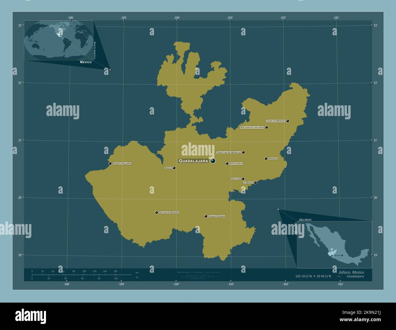 Jalisco, state of Mexico. Solid color shape. Locations and names of